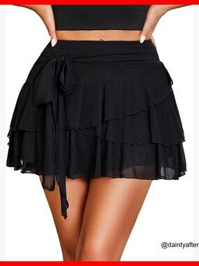 Mesh Mini Skirt with Ruffle Trim, High Waisted, Flowy Hem